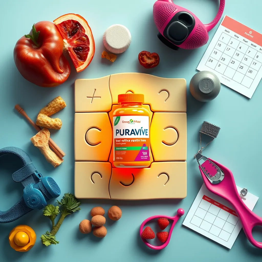 A balanced, photorealistic image of a puzzle with one piece highlighted in bright colors. The highlighted puzzle piece should have the Puravive bottle on it. Surround the puzzle with elements like healthy foods, workout gear, and a calendar, indicating a holistic approach to weight loss.