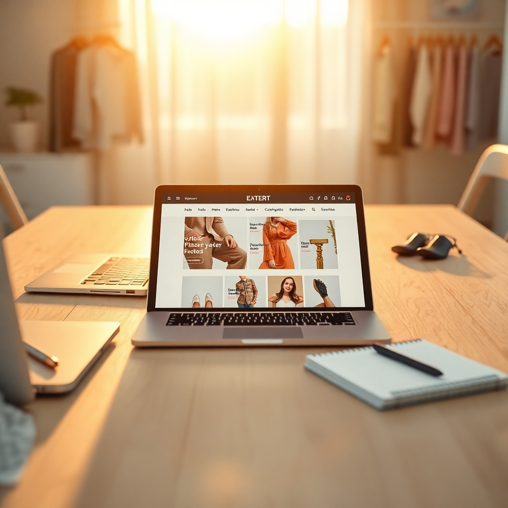 A beautifully designed e-commerce website displayed on a high-end tablet atop a light, airy table. The scene is bathed in warm golden hour light, creating an inviting and aspirational mood. The color palette includes soft pastels, enhancing the soothing vibe of online retail. The camera is positioned directly above the tablet, capturing the website design along with a stylish laptop and a notepad filled with ideas. The textures include the smooth touch of the tablet and the wooden grain of the table. In the background, there are soft-focus details of merchandise like trendy apparel and accessories, hinting at the store's offerings. Employing a modern, minimalistic style, the image should be highly detailed with hyperrealistic quality, rendered in 8K to highlight every element.