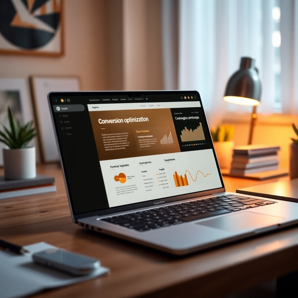 A beautifully designed workspace featuring a website on a laptop screen in focus, with a close-up on conversion optimization tools like A/B testing displays and user behavior graphs. The lighting is dramatic side lighting that emphasizes the laptop while softly illuminating the surrounding desk with minimalistic decor. The color palette includes warm golds and soft whites, suggesting a focus on quality and improvement. The camera angle is close-up and slightly tilted, enhancing the user-friendliness of the laptop interface. High-quality textures of wooden surfaces and digital screens create an immersive feel. Style reference: akin to high-impact marketing infographics. Render in ultra-detailed, crisp 8K resolution to highlight each interface element.