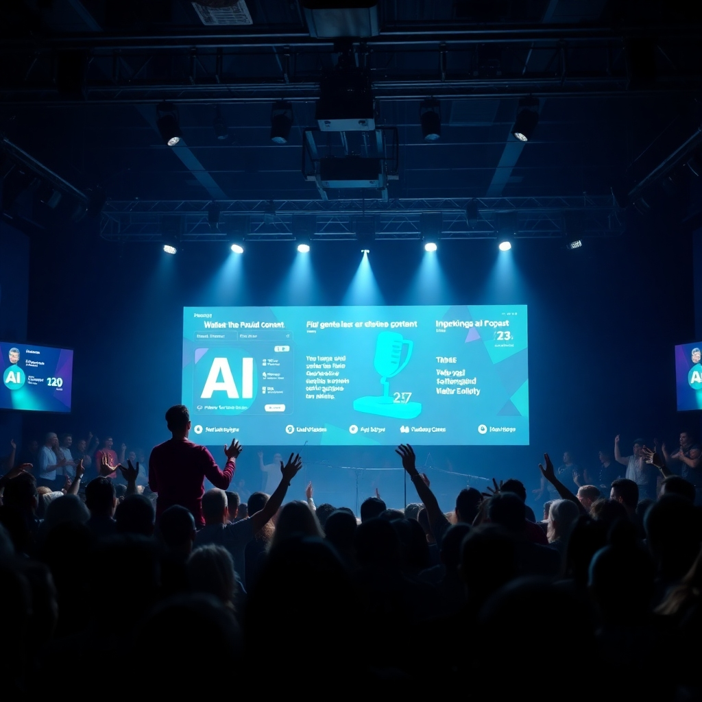 A breathtaking image of a podcaster on stage speaking to an enthusiastic audience. The speaker passionately shares insights, with graphics showcasing AI-generated content behind them. The lighting is dynamic, filled with spotlights that stir excitement. The crowd is engaged and diverse, reflecting a thriving podcast community. This high-energy scene captures the transformative power of AI in connecting creators and listeners.