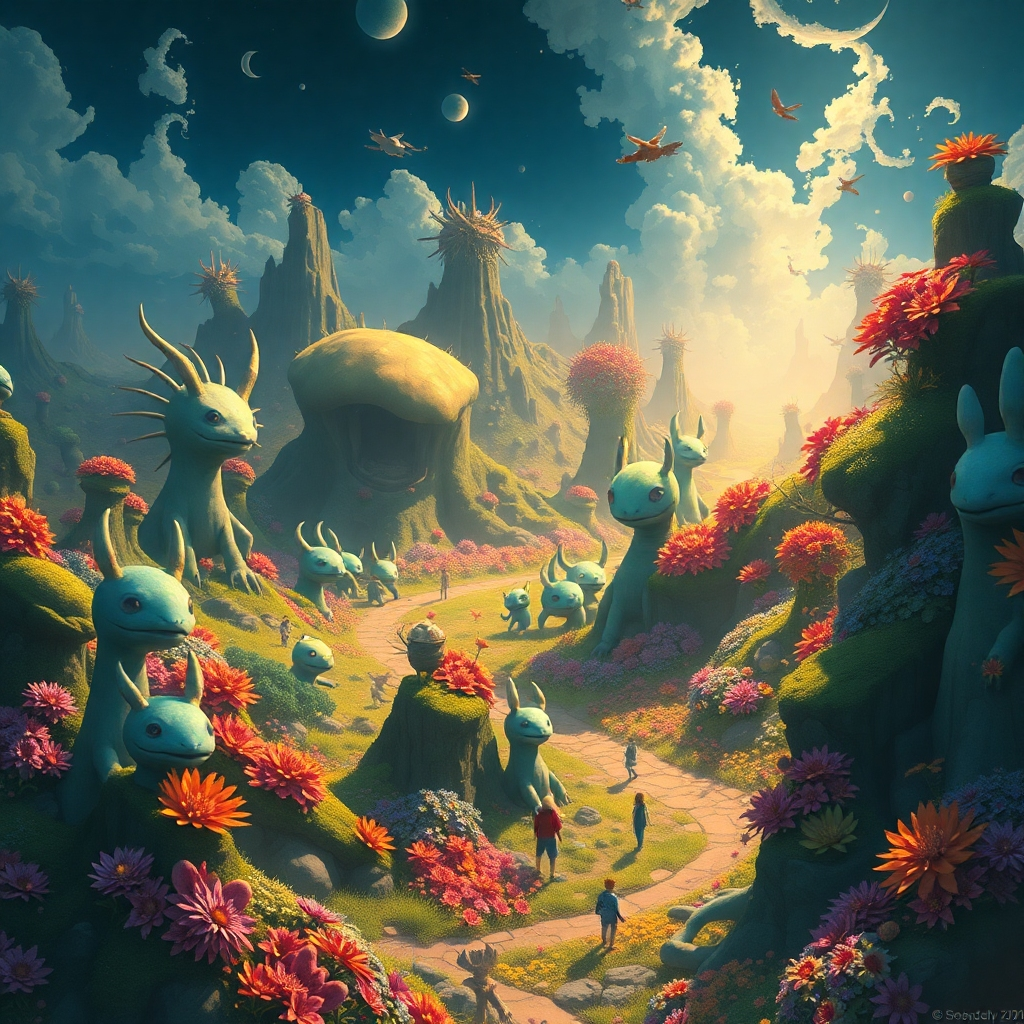 A breathtaking image of a vast, Ghibli-style landscape filled with bizarre creatures and vibrant flora. The composition should suggest movement and adventure, with dynamic lighting creating a sense of wonder and magic. The color palette is lush and inviting, with a high-quality finish that showcases the details of the environment and characters, linking them to the themes of exploration and imagination.