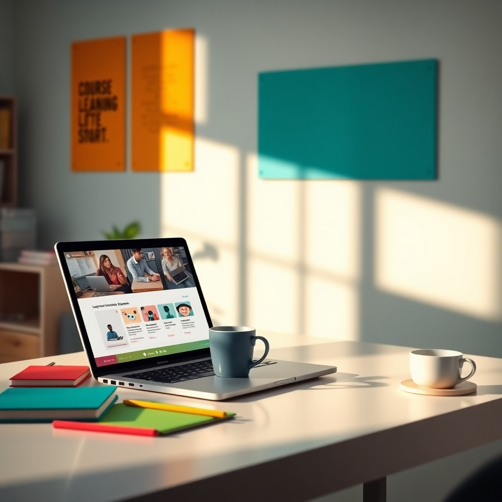 A bright and modern workspace featuring a laptop with a user-friendly course creation platform displayed on the screen. The desk is adorned with colorful notebooks, a coffee cup, and inspirational quotes on the wall, creating a vibrant learning environment.