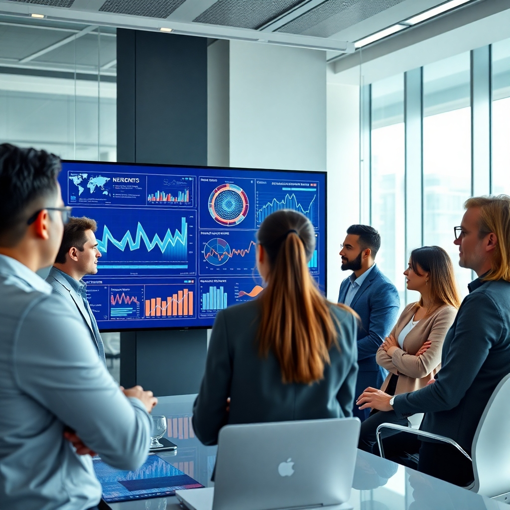 A business team in a modern office setting, gathered around a digital screen displaying complex data visualizations and graphs, showing the interplay of artificial intelligence in decision-making. The room is bright and futuristic with diverse professionals engaged and focused.