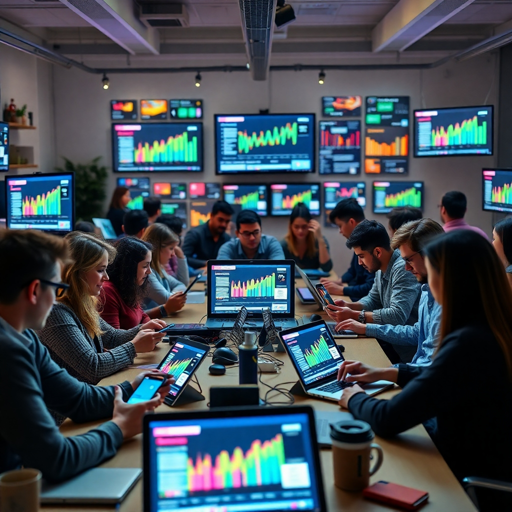 A bustling social media workspace with a diverse group of people sharing content on various devices – laptops, tablets, and smartphones. Colorful graphs and notifications on screens reflect engagement, depicting a vibrant online community.