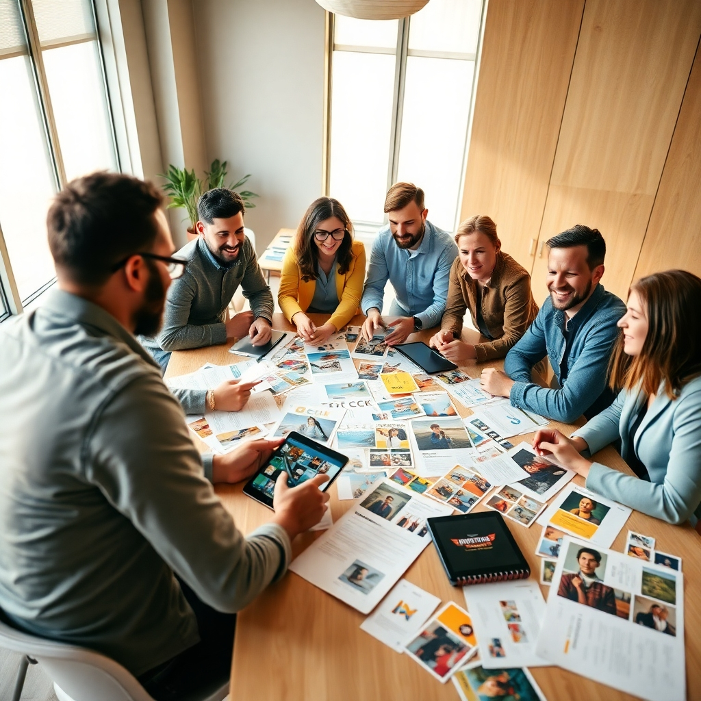 A high-quality photorealistic image depicting a dynamic team brainstorming over a large screen showcasing AI-powered video creation tools. The atmosphere is vibrant and collaborative, with diverse team members engaged in discussion. The lighting is bright and encouraging, with a modern office setting featuring colorful infographics and video screens in the background. The angle captures both teamwork and technology. Textures are sharp and clear, emphasizing the creativity and innovation of the workspace. The image should be of 4K resolution to ensure high quality.