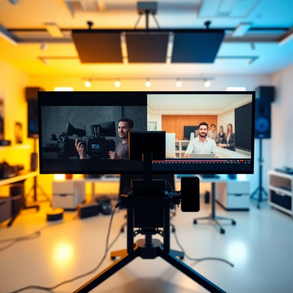 A captivating image of a split screen showing before and after shots of video editing. The left side is raw footage, and the right side is a polished, high-quality video ready for publication. The background features a bright editing room filled with modern gadgets and ambient lighting that enhances productivity. Warm yellows and cool blues create a harmonious balance, showcasing professionalism. The camera angle emphasizes the contrast between the two states, making it a clear visual narrative of transformation.