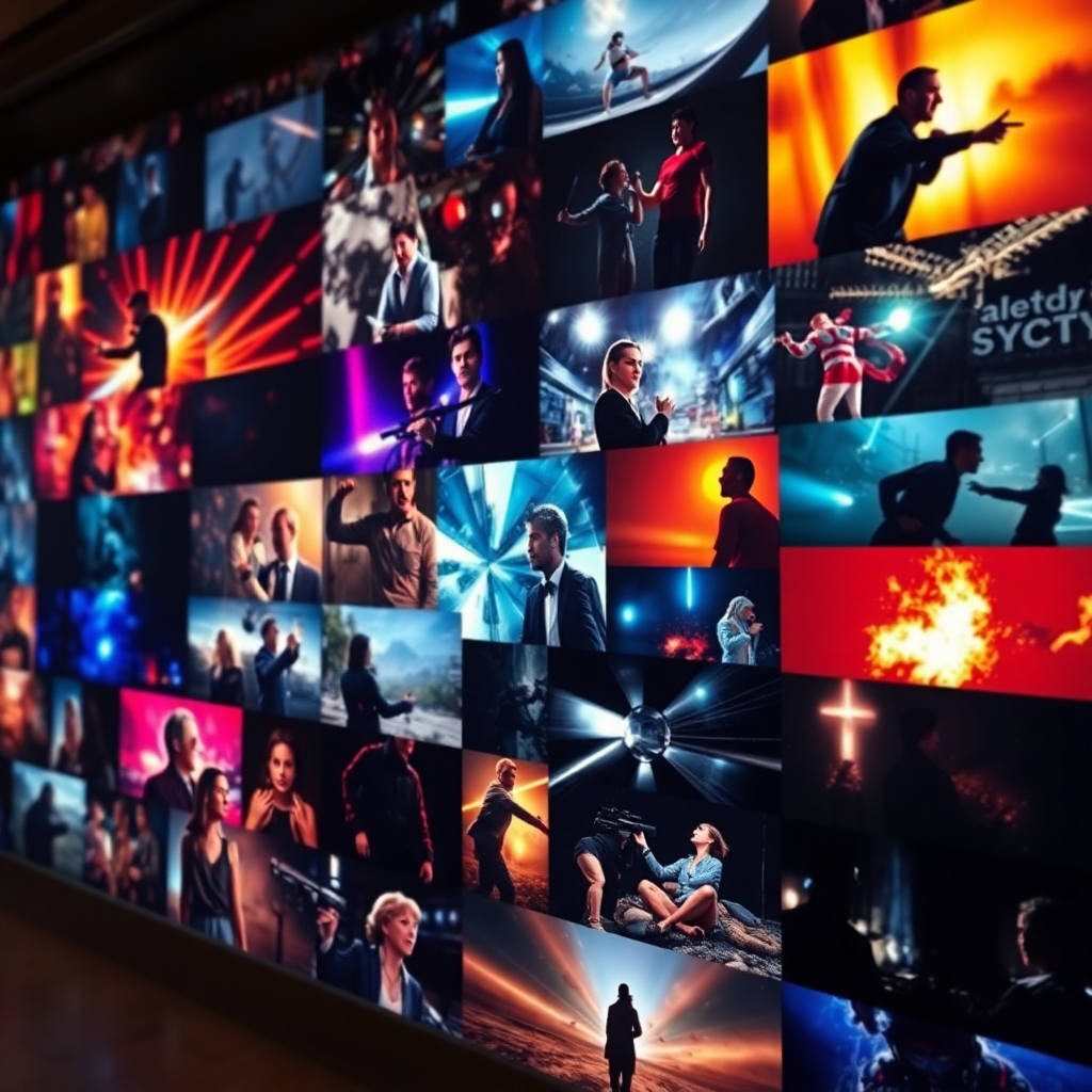 A captivating image portraying a montage of different video projects created using AI technology, displayed on a wall-style collage. The lighting is dramatic, with a focus on vivid colors showcasing action, emotion, and artistic visuals. Perspectives vary, representing different genres and styles. The textures are vibrant and dynamic, emphasizing the variety and creativity in storytelling.