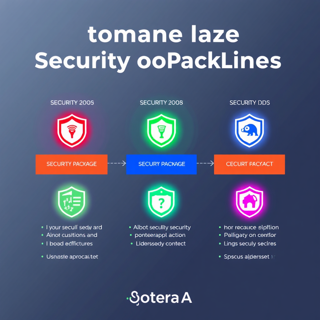A captivating image showcasing various customizable security package options in a modern, sleek presentation format. The composition is colorful, with icons representing different security features. Each package is highlighted, creating a dynamic visual effect. This representation underscores the adaptability of Soteria AI’s offerings.