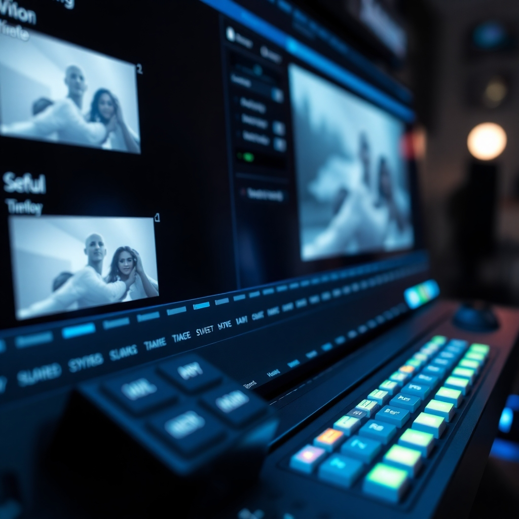 A captivating image showcasing the AI video editing process, featuring an interface with sleek buttons and timelines. Bright, optimized lighting enhances the view, while a modern color palette focuses on blacks, blues, and whites. Textures are crisp and clean, delivering an impactful visual of technology at work.