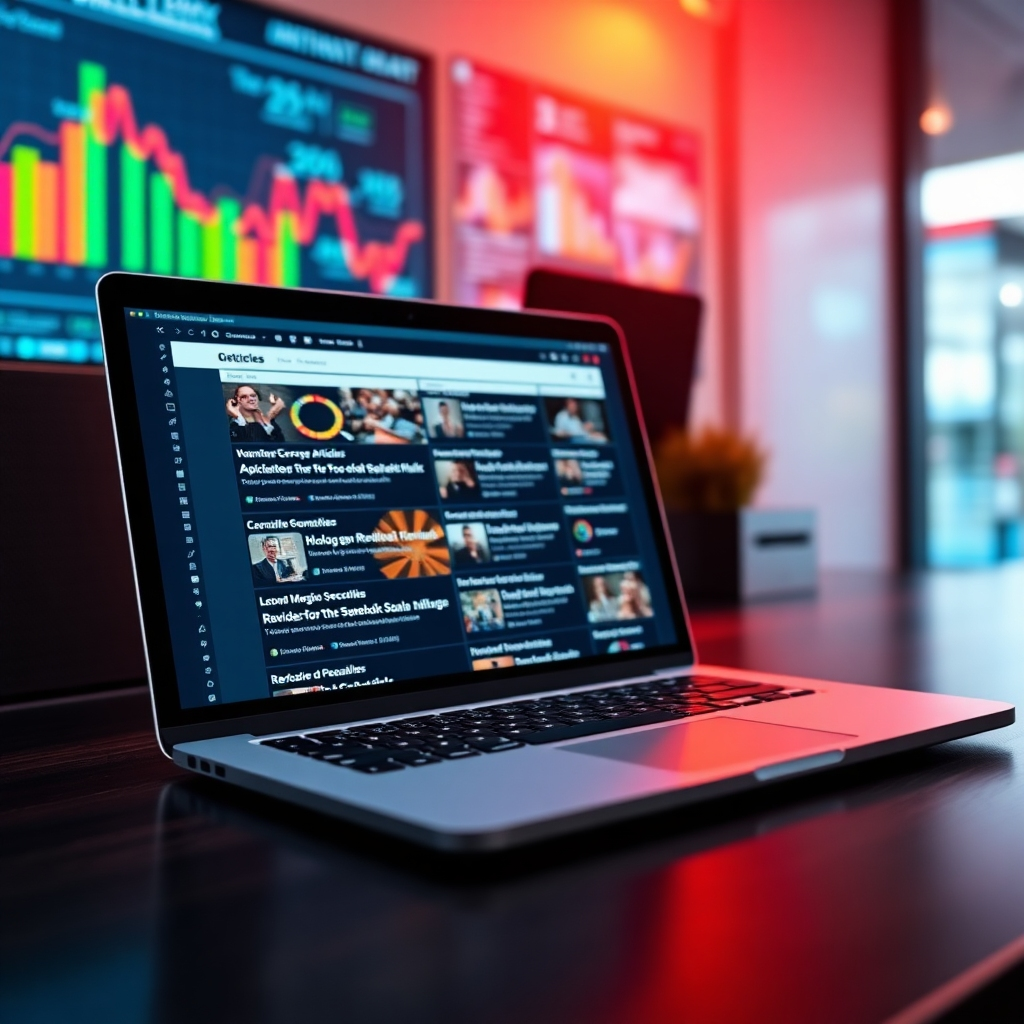 A captivating image showcasing a laptop screen displaying multiple articles being generated rapidly. In the background, colorful infographics and data flow illustrate the speed and efficiency of the service. The lighting is vibrant, focusing on the screen interaction while the environment maintains a professional aesthetic. The image is designed to evoke a sense of innovation and accessibility.