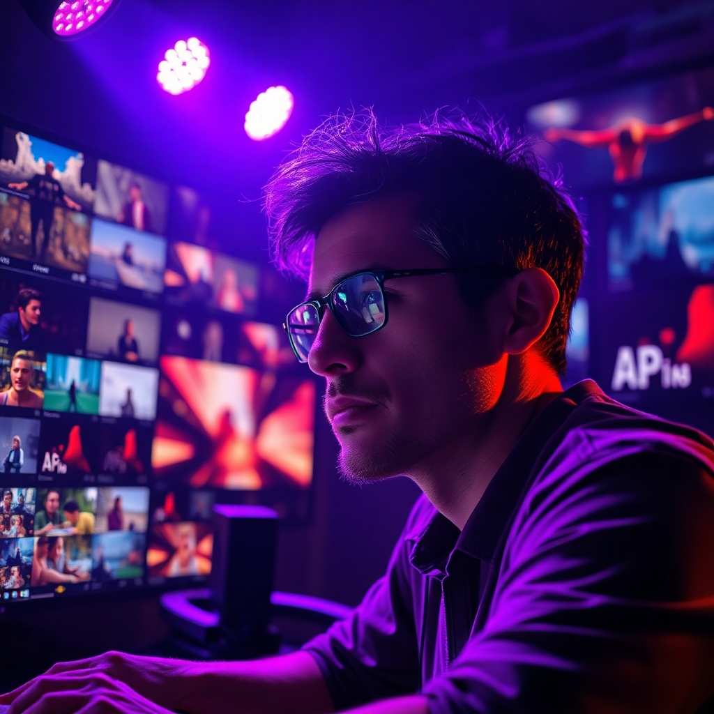 A captivating image showing a creator immersed in their work, surrounded by inspired video clips and visual effects displayed around them. The lighting is dramatic, with spotlights highlighting the creator’s face, emphasizing their passion for storytelling. The diverse color palette, rich in purples and reds, evokes creativity and imagination. The scene conveys an immersive environment where thoughts translate into stunning visuals, rendered in hyperrealistic detail.