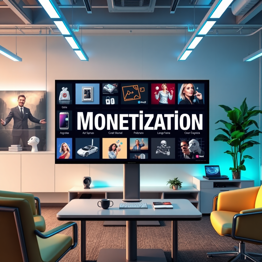 A captivating image showing different monetization strategies displayed on a digital screen, with visuals of products, ads, and artwork. The environment should reflect a modern office space with sleek furniture and tech gadgets. The lighting should be bright and focused, highlighting the strategies' effectiveness. The color scheme should include tech-inspired colors like neon blues and greens. This high-quality image should communicate professionalism and creativity.
