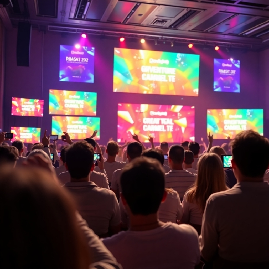 A captivating image that illustrates a social media campaign launch featuring AI-generated graphics on various screens. The environment is buzzing with creativity, emphasizing the interaction of graphics with a live audience. Bright colors should pop against soft backgrounds, making the promotional graphics vibrant and appealing. The scene should be presented in fine detail, ultimately leading to a stunning 4K result.