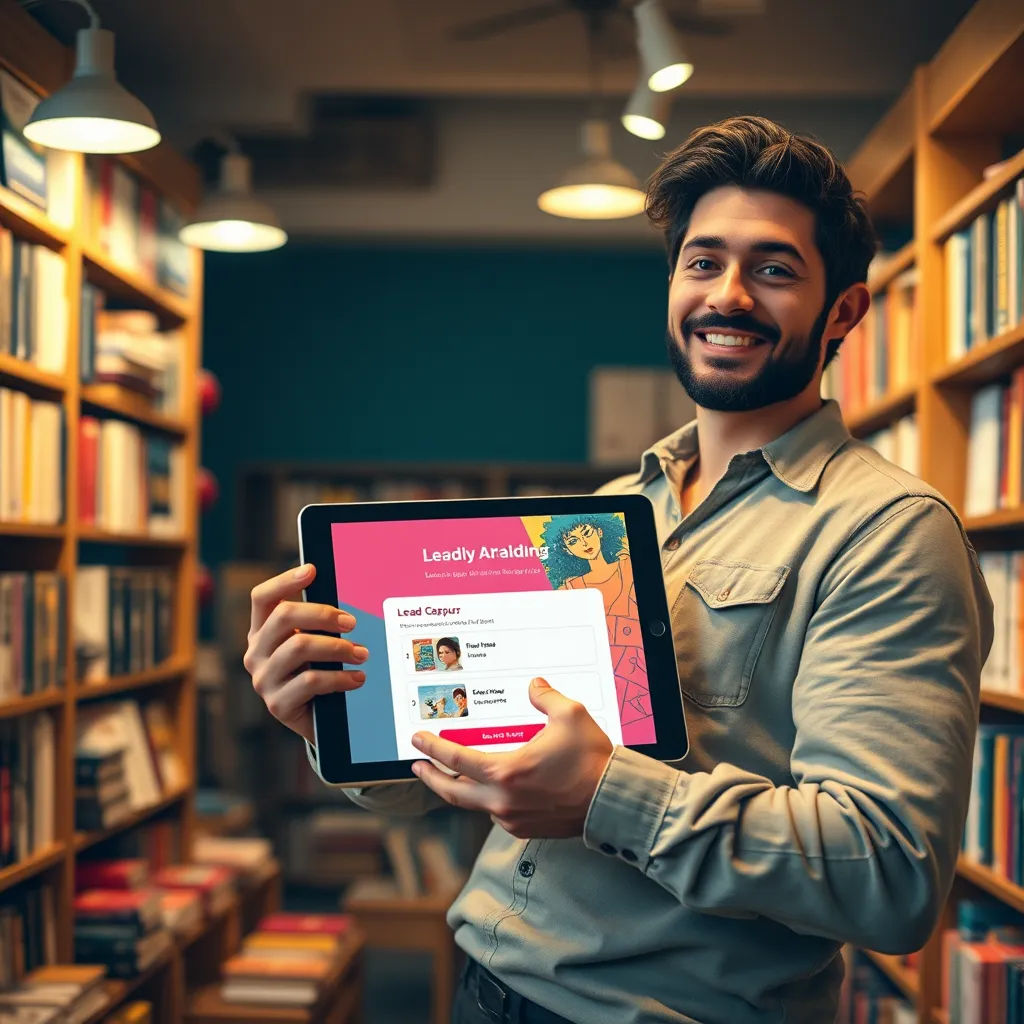 A captivating scene featuring a digital lead capture integration displayed prominently on a tablet held by a confident author in a cozy bookshop. The environment is warmly lit with soft diffused lighting creating an inviting atmosphere filled with shelves of colorful books. The tablet screen shows an eye-catching lead capture form with vibrant graphics, enticing readers to engage. The author, dressed in a casual yet stylish outfit, appears enthusiastic while interacting with potential readers. The color palette includes earthy tones combined with bright accents that evoke a friendly and welcoming mood. The camera angle is slightly tilted for an engaging perspective, emphasizing the interaction between the author and the tablet. Detailed textures of the books, the smooth surface of the tablet, and the warm glow from reading lights enhance the ultra-detailed feel of the scene. The image aims for hyperrealistic quality in 8K resolution.