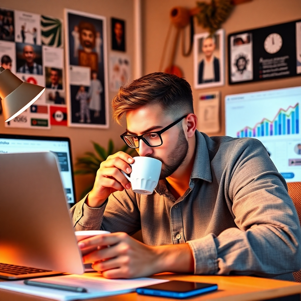 A captivating scene of a content creator analyzing video performance metrics while sipping coffee, displaying a focused demeanor. The lighting is warm, inviting, and perfect for creative thinking, showcasing the creator's workspace adorned with inspiration boards and Vidko tools. The colors reflect the theme of success and growth, with textures that resonate with a warm, personal touch making it relatable.