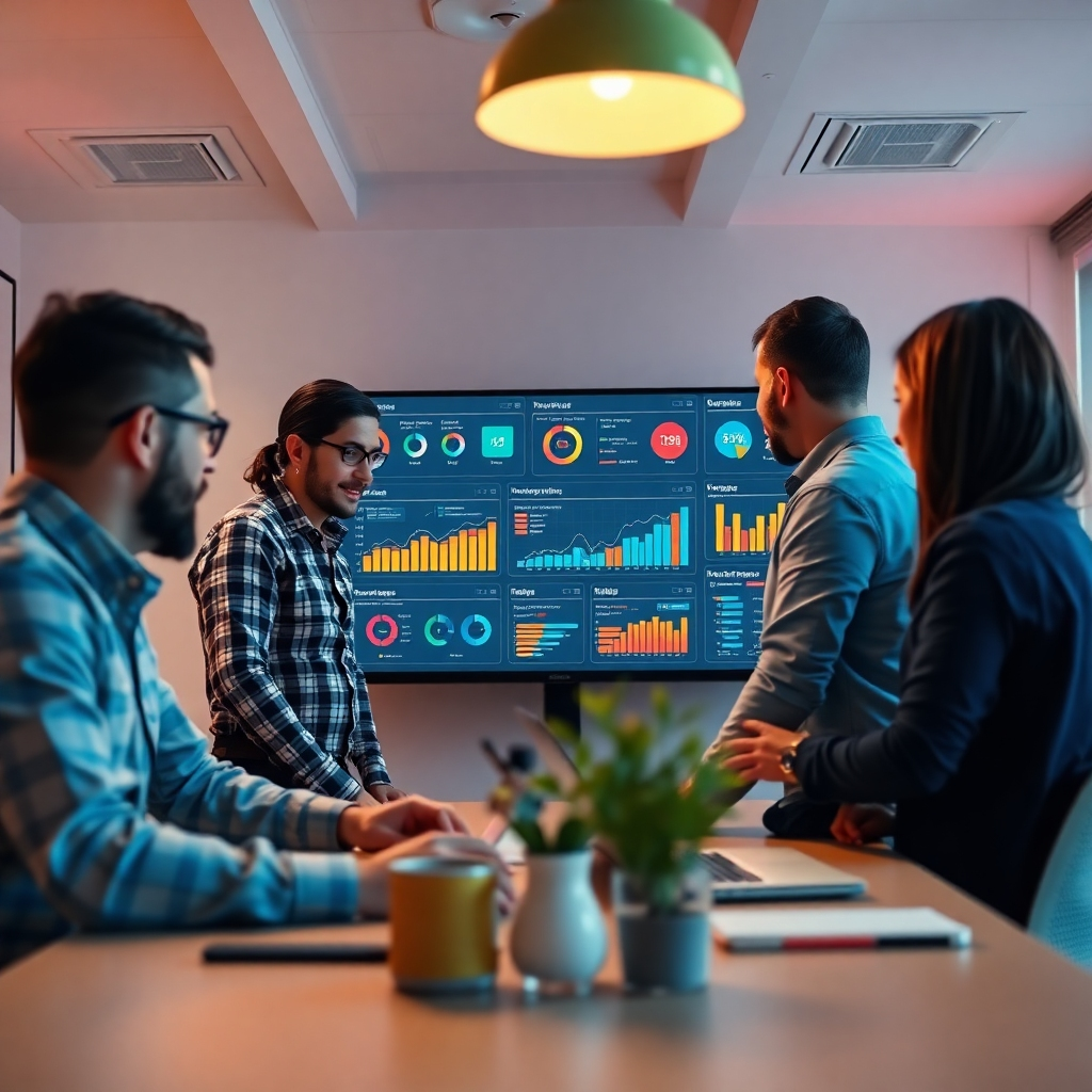 A captivating scene portraying a marketing team huddled around a digital dashboard filled with insights generated by Writix AI. The workspace is bright and well-organized, capturing the essence of teamwork. Ambient lighting complements vibrant colors from the analytics displayed. The camera angle emphasizes teamwork and engagement, showcasing the technical details of the insights presented.