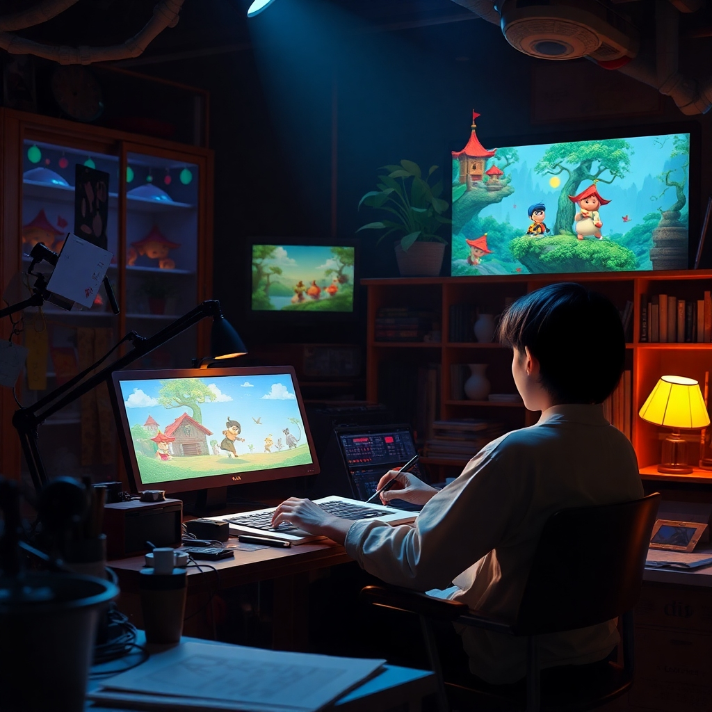 A captivating scene where an animator works on a Ghibli-style animation, with scenes projected around them showcasing the fantastical elements. The lighting should be dynamic and atmospheric, highlighting the immersive quality of the process. The color palette should be bold and whimsical, emphasizing playful textures that stand out, creating an enchanting visual experience.