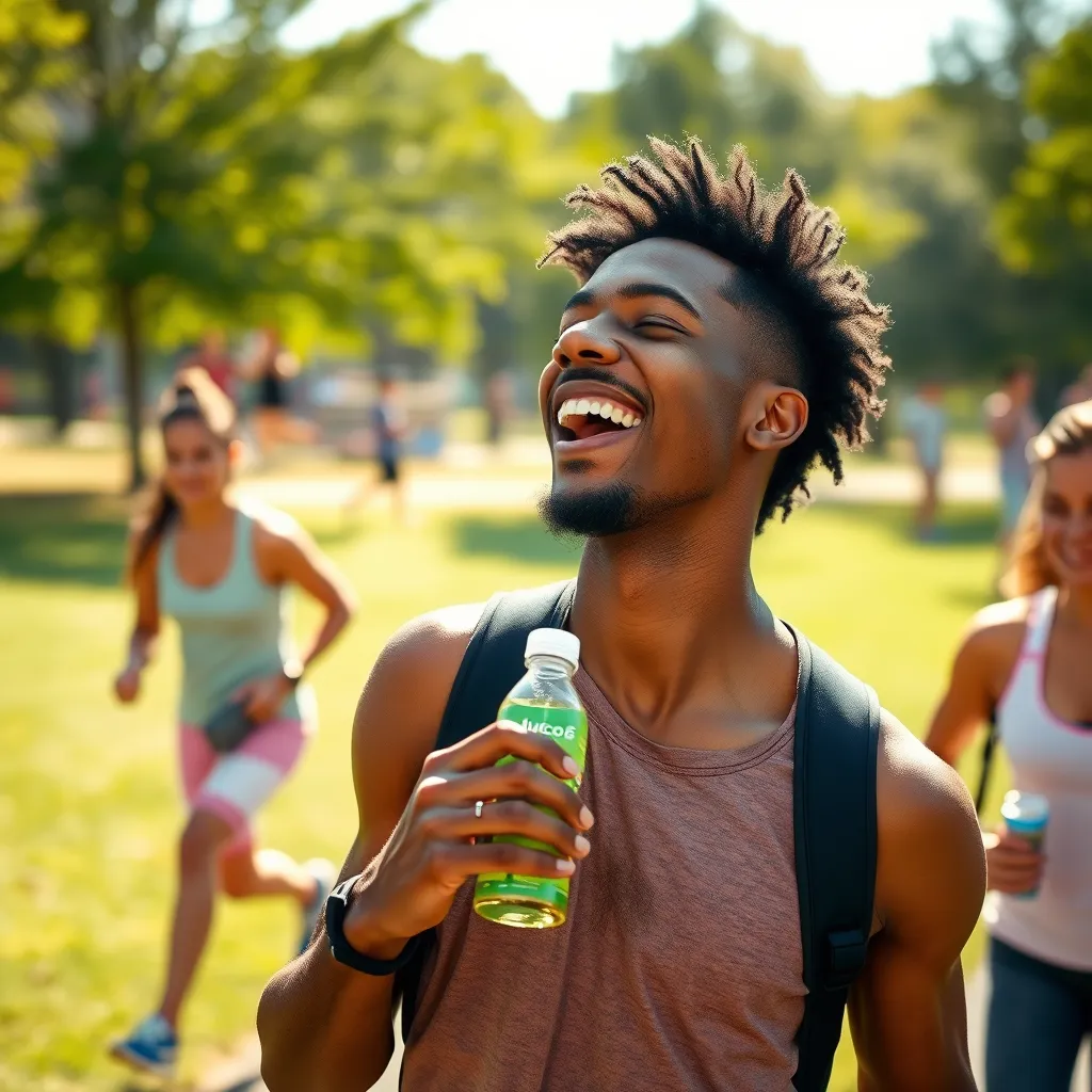 A cheerful individual enjoying life outdoors, actively participating in a fitness activity, surrounded by friends. The background features a bright and sunny park, symbolizing freedom and vitality, with a Gluco6 bottle subtly visible in the scene.