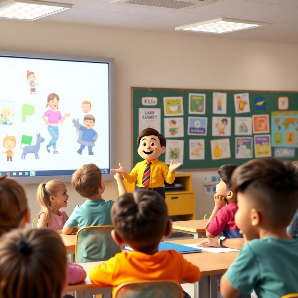 A classroom scene where an animated character teaches children, using a large screen displaying interactive videos created with Talking Photos. Kids are engaged and laughing, surrounded by colorful educational posters. The atmosphere is lively and bright, reflecting the joy of learning.