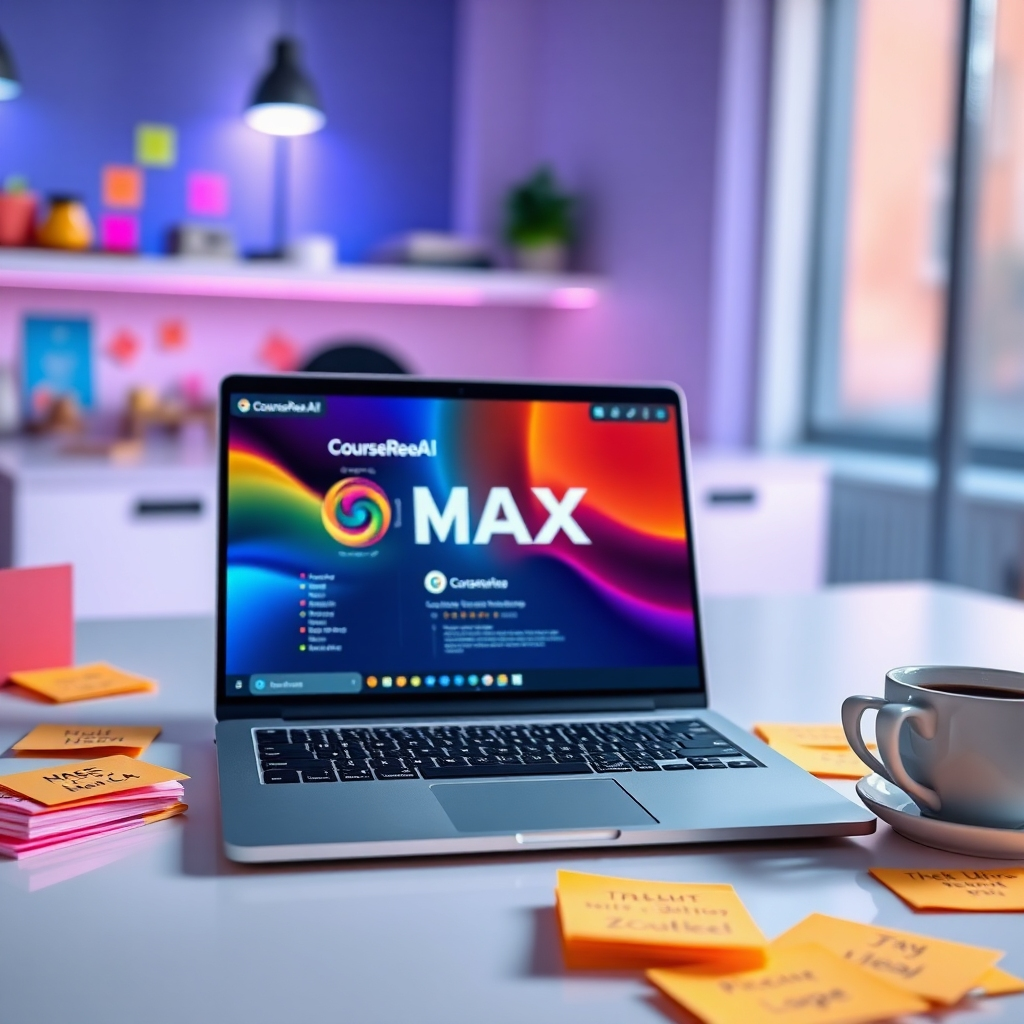 A clean and modern workspace featuring a laptop with CourseReelAI Max interface open, vibrant colors in the background, a cup of coffee, and sticky notes scattered around, representing brainstorming and creativity in action.