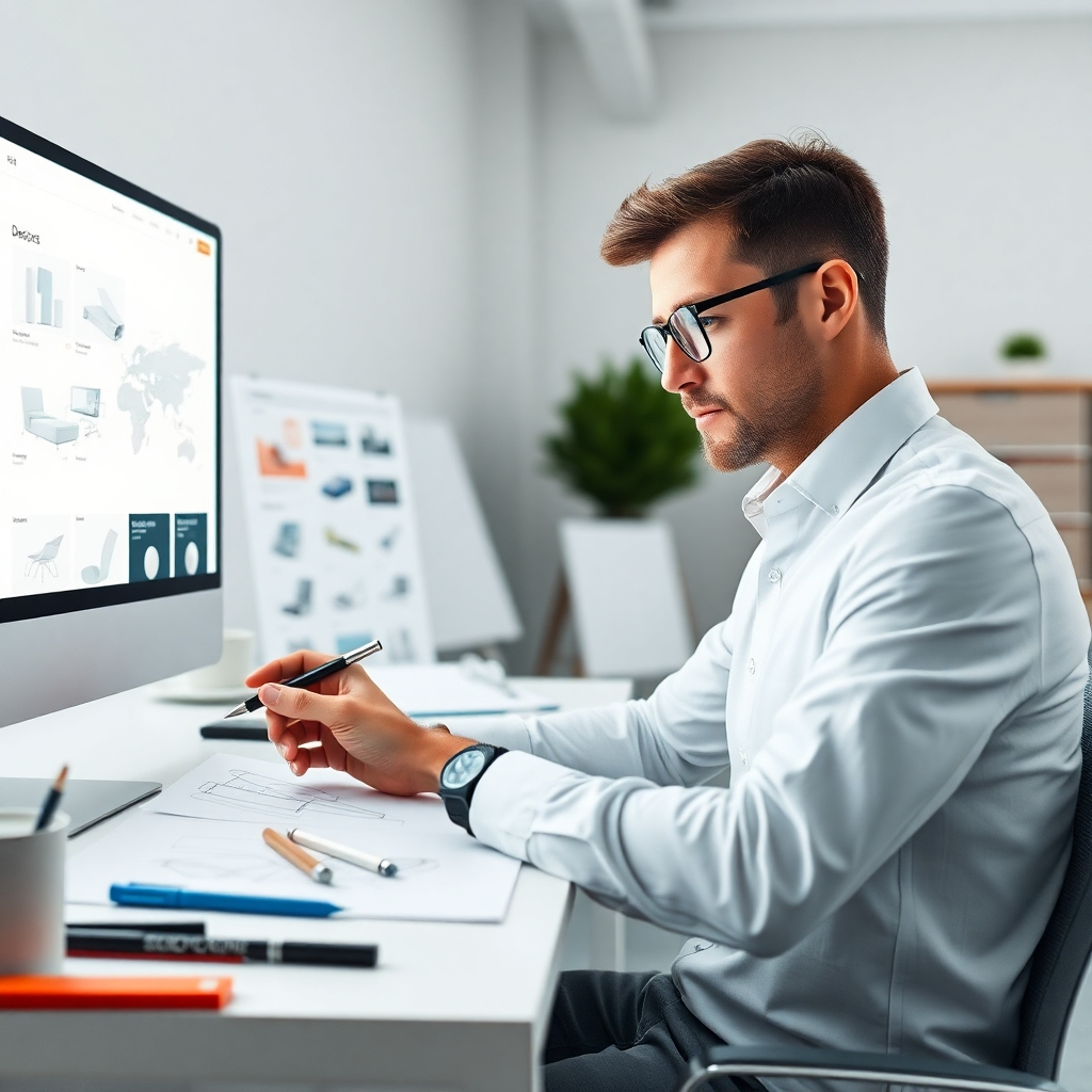 A clean and modern workspace where a designer is sketching ideas that come to life as 3D renderings on the screen. The composition should prominently feature the designer with a focused expression, surrounded by sketches, tools, and digital interfaces displaying various stages of design evolution. The lighting is bright and focus-enhanced, emphasizing the creative workspace. The colors should be soft and professional, reflecting the process of translating ideas into real-world designs. This high-quality, photorealistic image will illustrate the transformation from thought to tangible outcome.