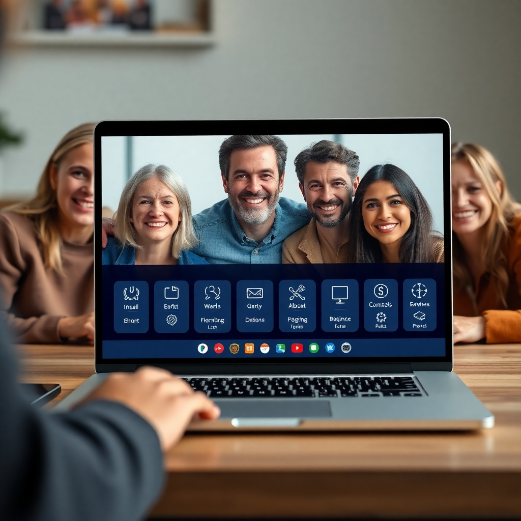 A clean and user-friendly software interface shown on a laptop, with intuitive icons and seamless navigation options highlighted. Include a diverse group of smiling individuals, showcasing different ages and backgrounds, engaged with the platform.