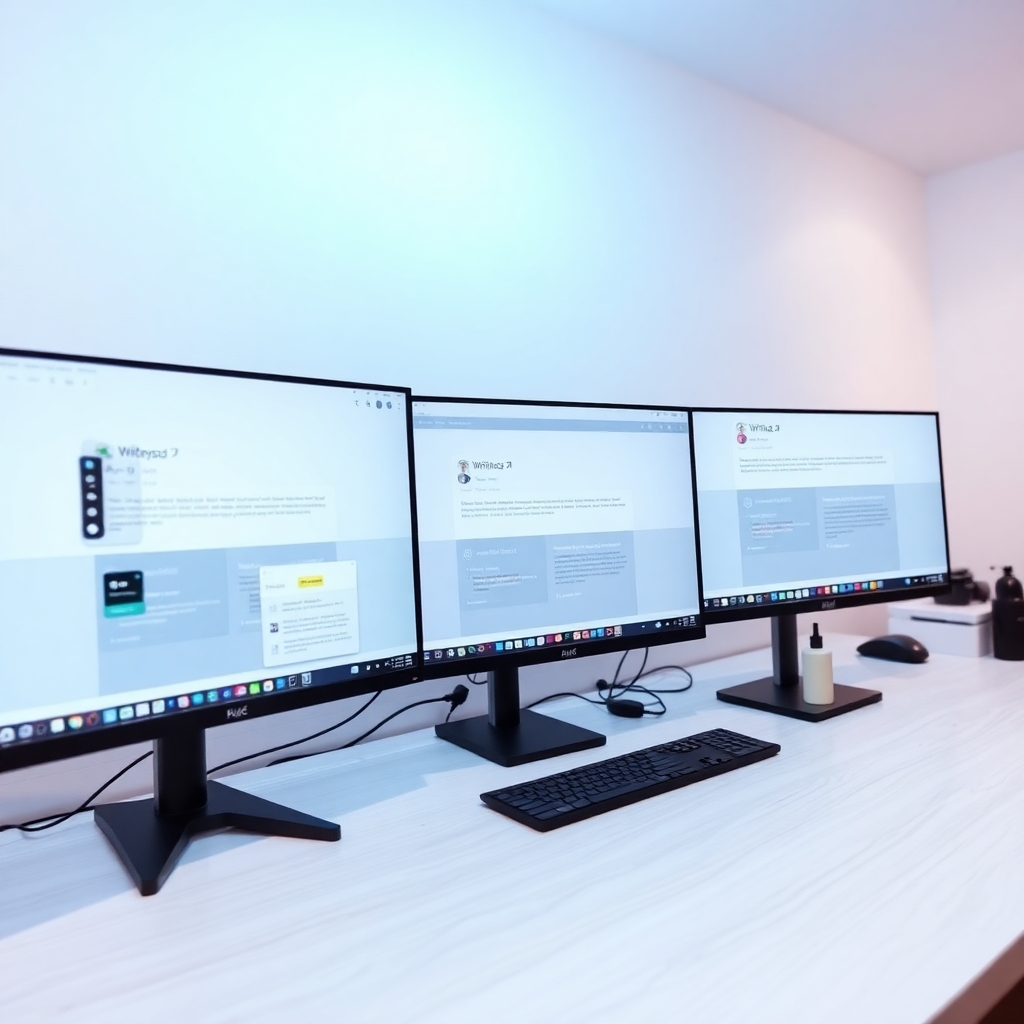 A clean, minimalist workspace showcasing multiple monitors connected with Writix AI interfacing smoothly with various writing tools. Bright, contrasted lighting enhances the sleekness of the environment. The color palette features whites and grays with splashes of color from apps, indicating user engagement. The camera angle is slightly low, focusing on the monitors displaying integrated tools clearly, while showcasing a textured desk that adds depth to the creative workspace.