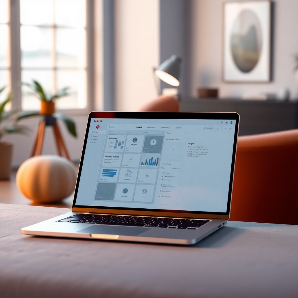 A clean, minimalistic design image of our software interface on a laptop screen against a backdrop of a stylish studio. The composition includes soft reflections on the screen showcasing various features in action, alongside a user quietly brainstorming beside the device. Warm, ambient lighting sets a productive mood, while the color palette harmonizes in cool blues, symbolizing clarity and focus. Textures are smooth, reflecting the easy usability of the tool. The overall finish captures the essence of simplicity in advanced technology.