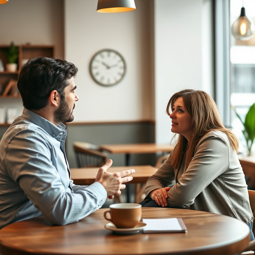 A clean, minimalistic image showing a friendly consultant explaining automation solutions to local business owners in a relaxed café setting. The soft, warm lighting creates a cozy ambiance. Accent elements like coffee cups and notebooks add authenticity to the scene. The muted color tones incorporate earth shades complemented by the bright colors of café decor. The image should focus closely on the consultant’s gestures and attentive listeners, aiming for a high-quality, photorealistic finish.