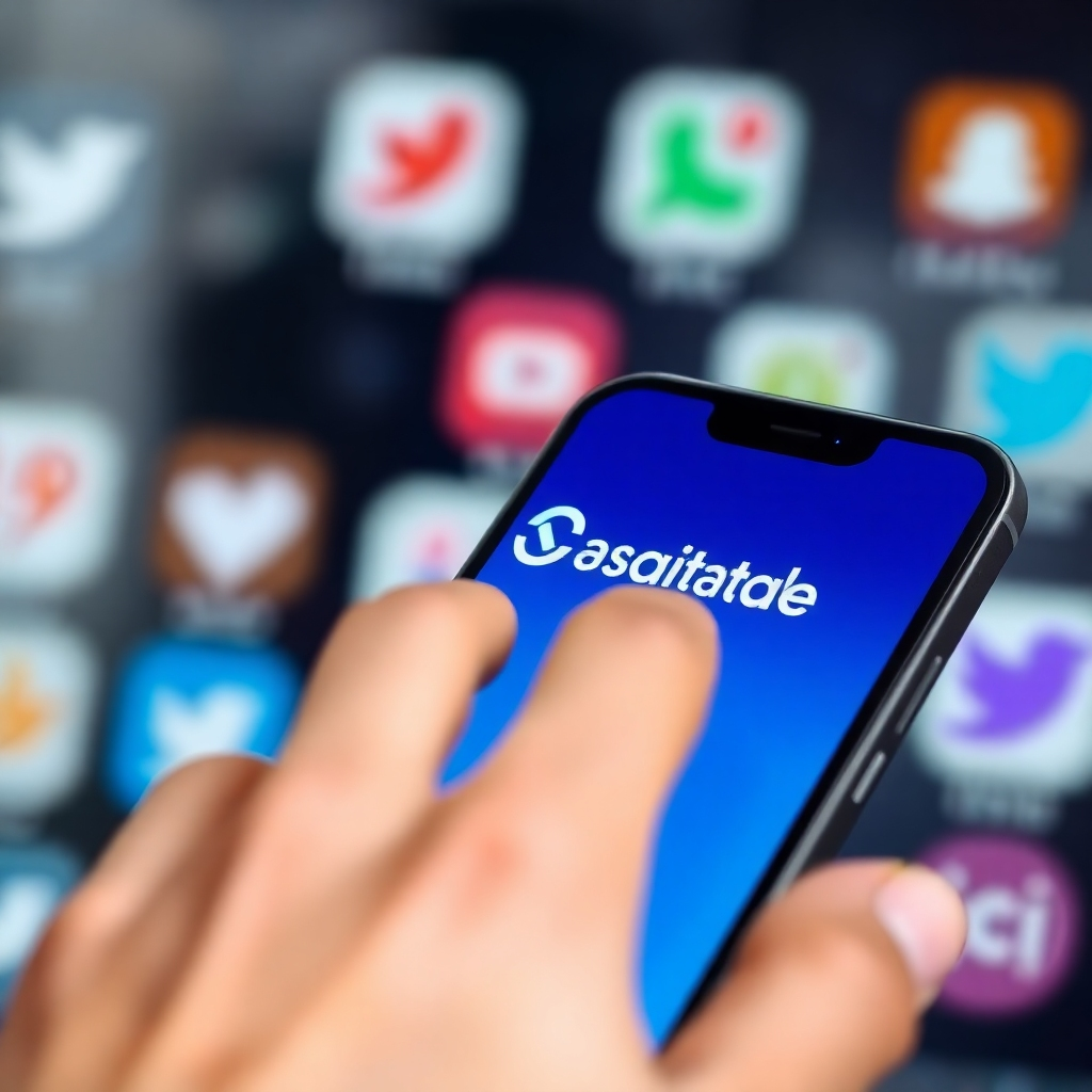 A clear image of a user effortlessly navigating a sleek mobile app interface with SocialTale's branding. Use a close-up shot that captures details of finger gestures on the screen, with soft lighting that represents ease of use. Background with blurred colorful social media icons. Technical specs: high resolution.