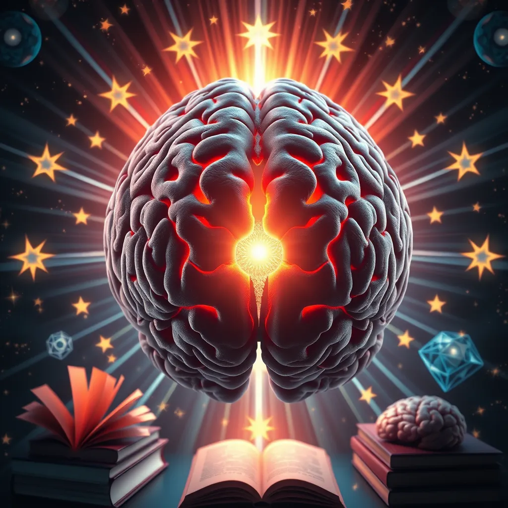 A close-up, artistic representation of a human brain with a glowing pineal gland at its center. Radiant light spreads outward, suggesting enhanced functionality, surrounded by symbols of knowledge and clarity, such as books and brains illuminated by stars.