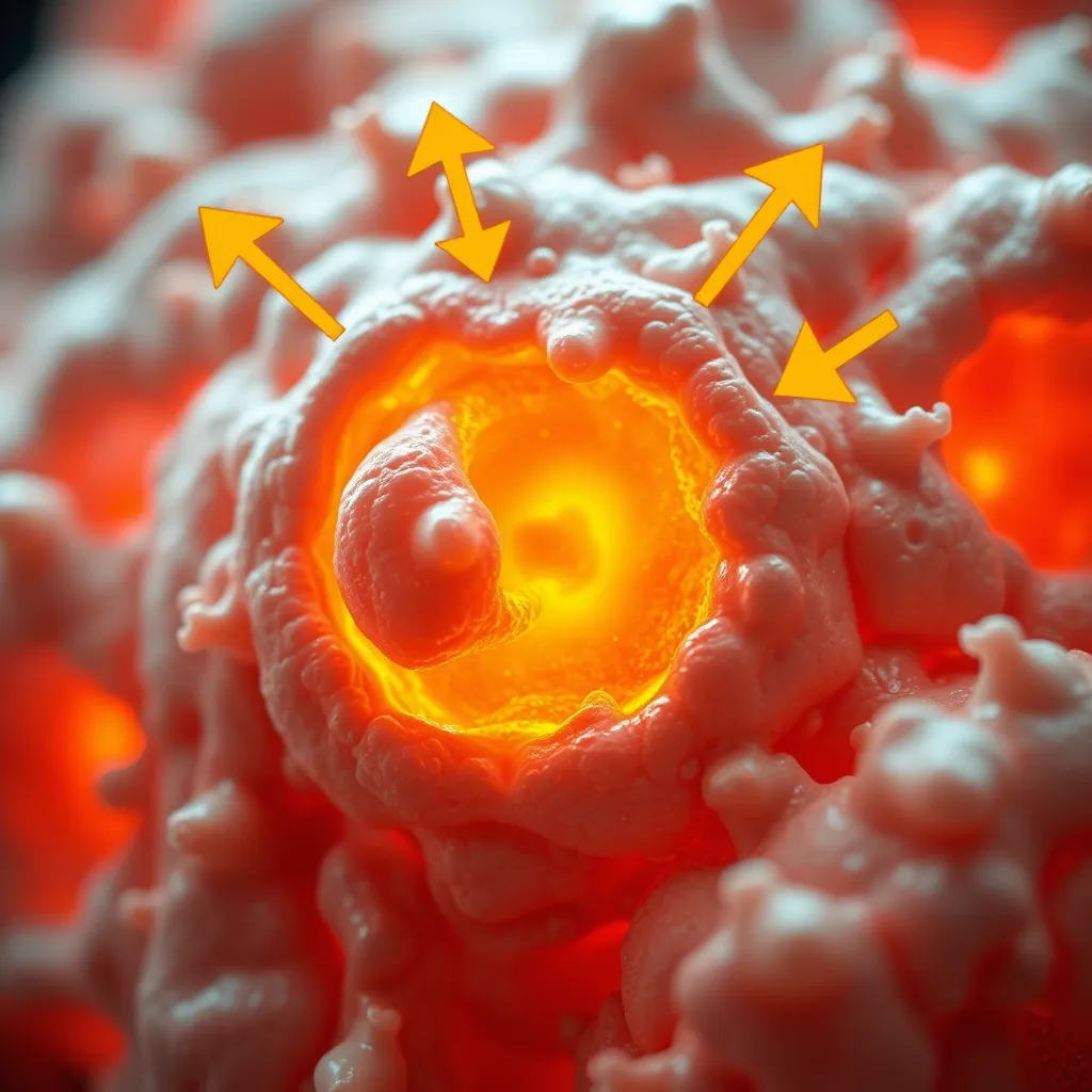 A close-up, detailed image of human brown adipose tissue at a cellular level. The cells should be depicted as energetic and glowing, with arrows illustrating the calories being burned off as heat. The overall feel should be scientific and visually engaging.