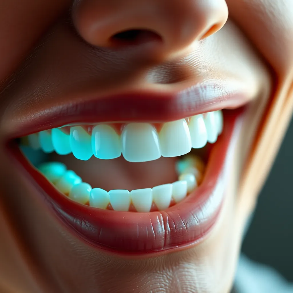 A close-up, high-resolution image of a smiling person showing perfectly white teeth. In the background, visualize microscopic beneficial bacteria like Lactobacillus repopulating the oral cavity, with healthy gums and teeth illuminated.