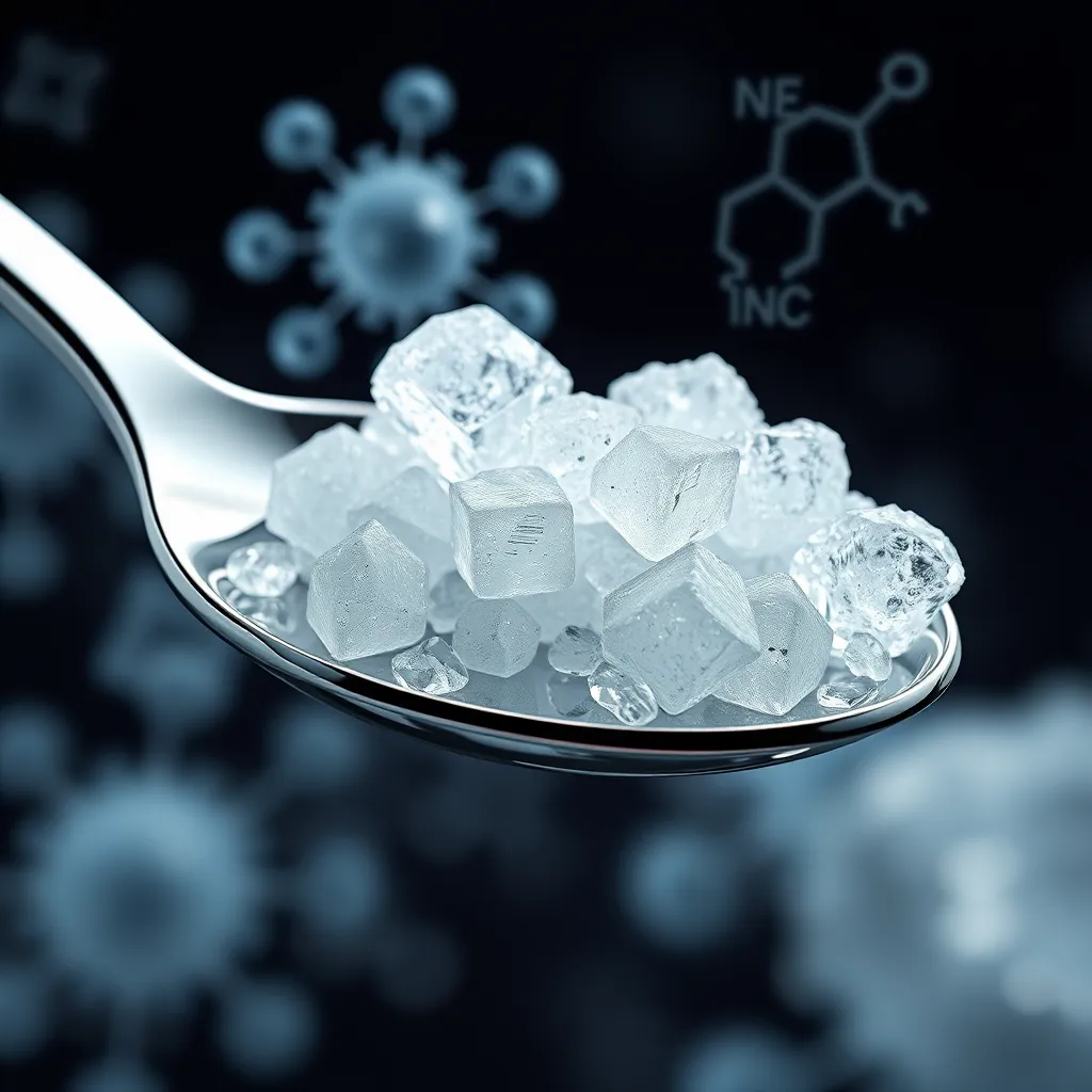A close-up, photorealistic illustration of Sukre crystals on a spoon, with glucose molecules represented in the background, showcasing the interaction between Sukre and glucose. Use scientific elements like molecular structure diagrams to emphasize its role in glucose metabolism.