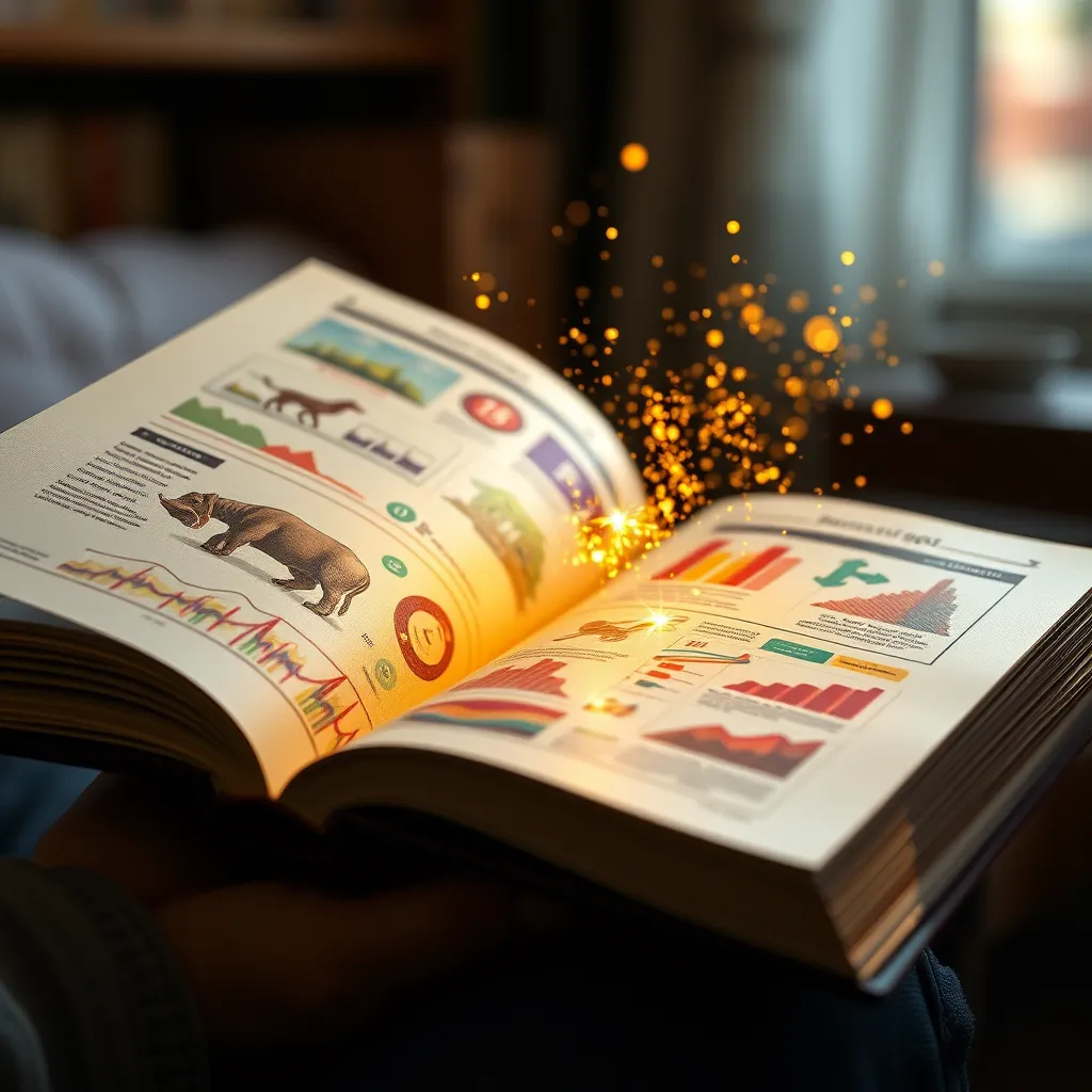 A close-up, photorealistic image of a beautifully designed interactive book with detailed graphics. Show vibrant illustrations and infographics appearing on the pages, with a reader marveling at the visuals, illustrating the enhancement of reader experience through graphics.