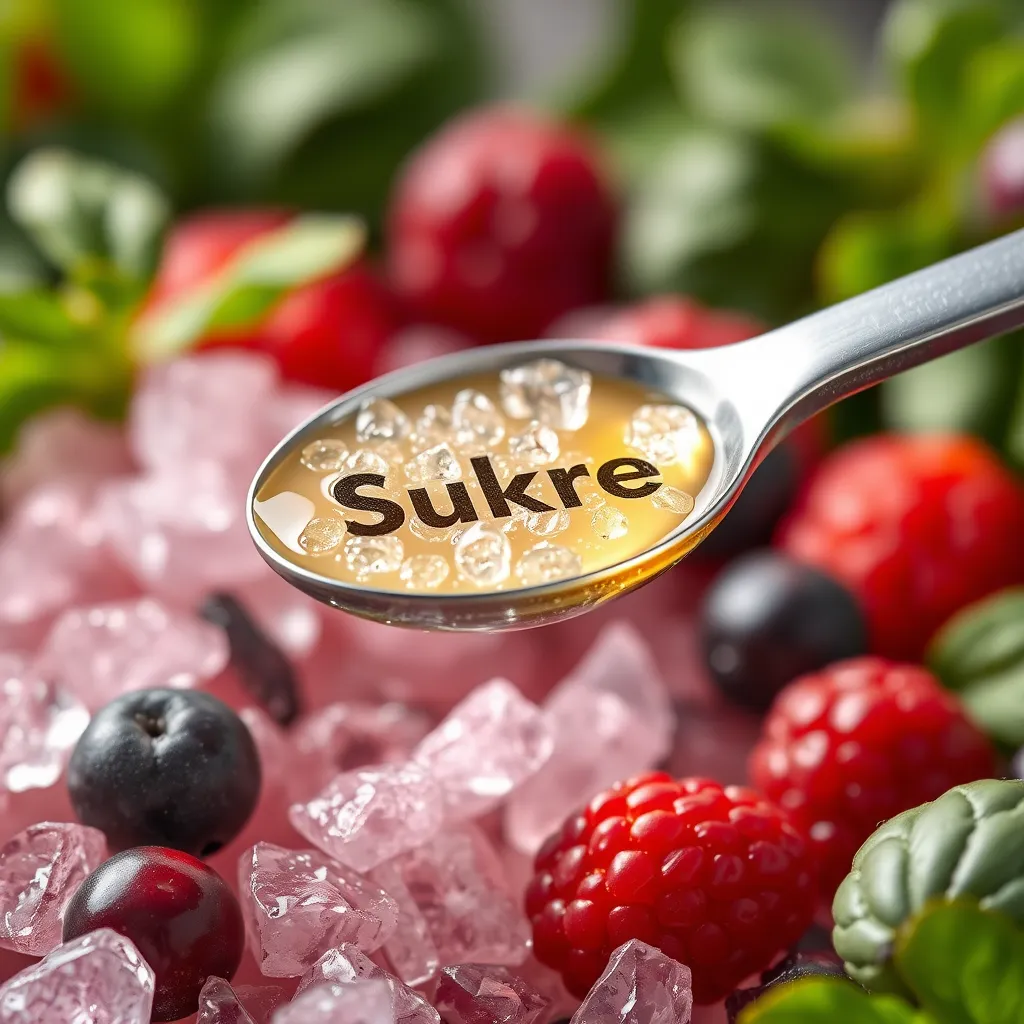A close-up image of Sukre crystals surrounded by lush greenery. Show a measuring spoon filled with Sukre, with a blurred background of healthy foods like berries and greens, conveying the idea of natural sweetness and balance in sugar absorption.