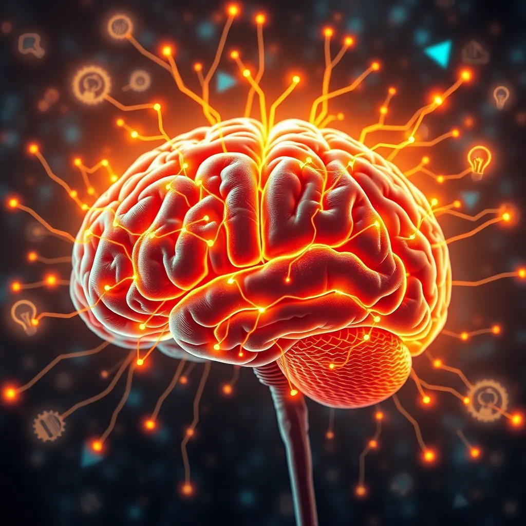 A close-up of a brain with glowing neural connections expanding outward, symbolizing cognitive growth. Surrounding the brain are images of books, gears, and lightbulbs, representing knowledge, innovation, and creativity, all illuminated by a radiant glow.