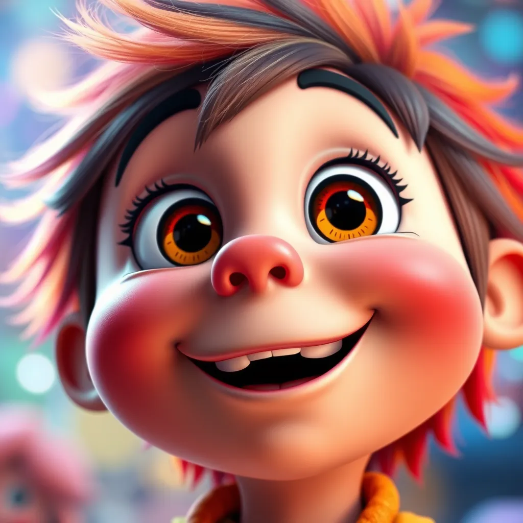 A close-up of a cartoon character with vibrant colors, showing a range of emotions like happiness, surprise, and curiosity. The character has big expressive eyes and a playful smile, set against a colorful background that enhances the magical quality of the scene.
