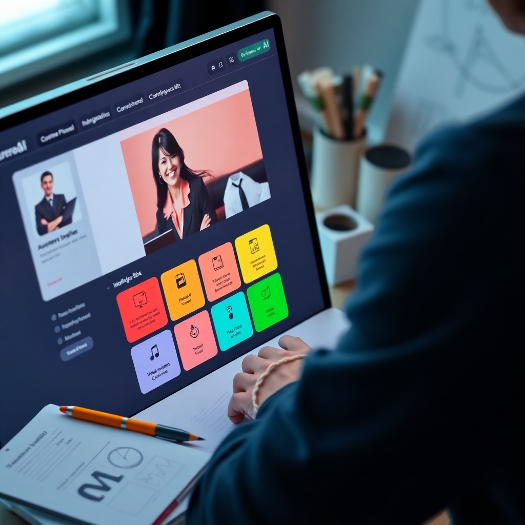 A close-up of a computer screen showcasing CourseReelAI Max's user interface. Highlight easy navigation, with colorful buttons and helpful tooltips. Include a user interacting joyfully with the software, surrounded by creative materials like notes and sketches.
