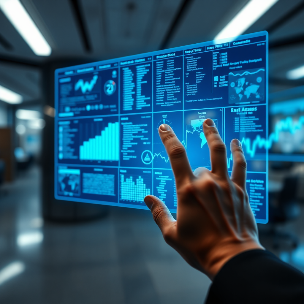 A close-up of a data analyst's hands over a transparent screen, navigating through complex data sets. The screen emits a soft blue glow amidst a sleek, upscale office environment. The interplay of light brings out texture in the surrounds, hinting at sophistication and precision. Technical specs: high resolution.