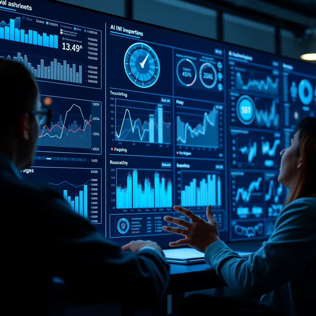 A close-up of a digital dashboard displaying complex data analytics and graphs with AI elements at play. Include visuals of a team discussing insights, analyzing data, and strategizing, highlighting the power of AI in decision-making.