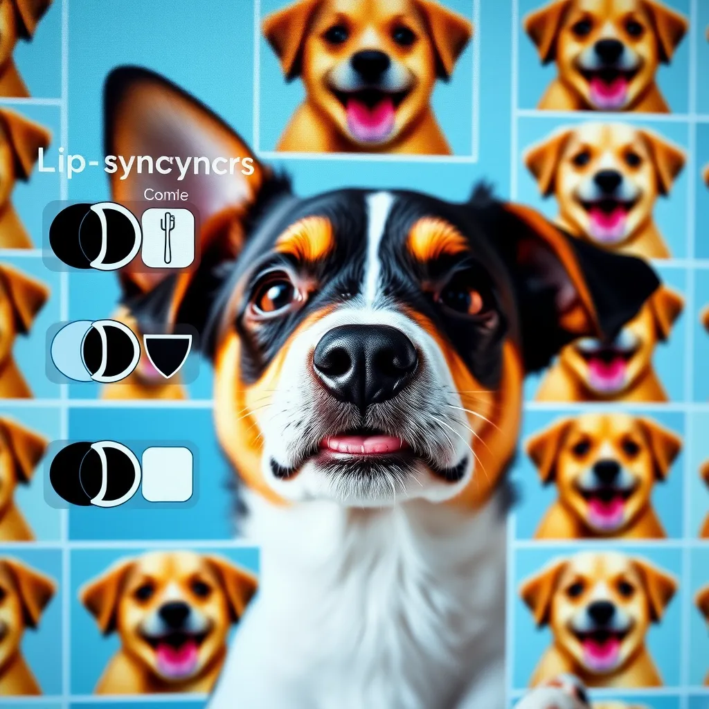 A close-up of a digital interface showing controls for adjusting lip-syncing and facial expressions on a photo of a dog. The background should display vibrant examples of the dog showing a range of emotions like happiness, curiosity, and excitement.