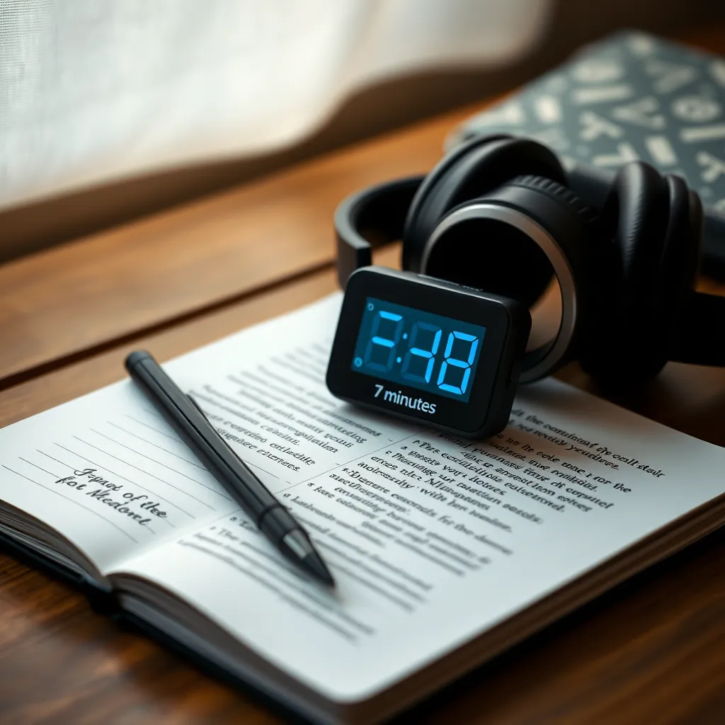 A close-up of a digital timer set for seven minutes, alongside headphones resting on an open notebook filled with inspiring quotes. The scene is cozy and inviting, with soft lighting suggesting a peaceful environment for daily practice, enhancing a sense of routine and commitment.