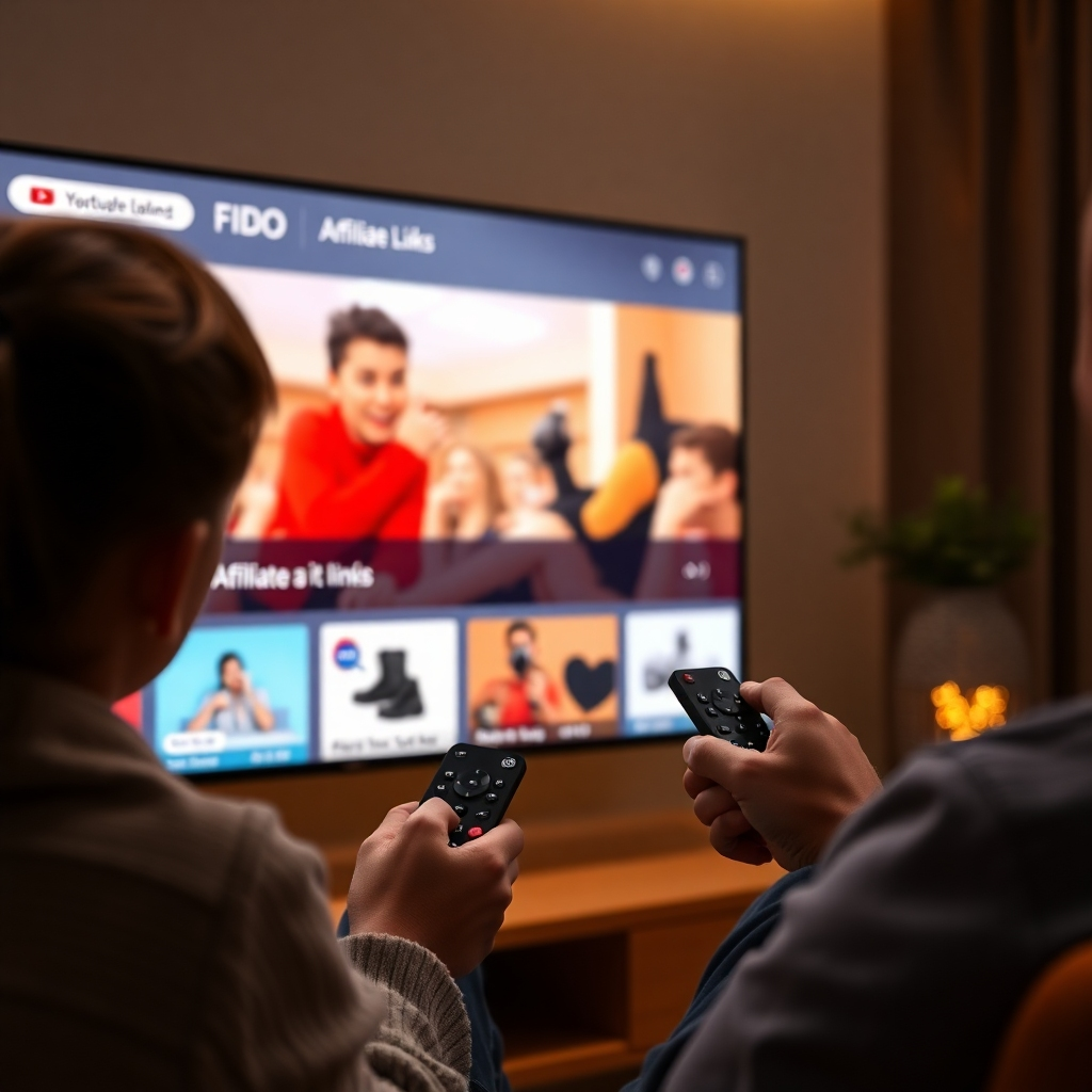 A close-up of a modern digital interface displaying a TV screen with affiliate links seamlessly integrated into the show. Visual elements include clickable links highlighted, product images, and an excited viewer using a remote to engage with the content.