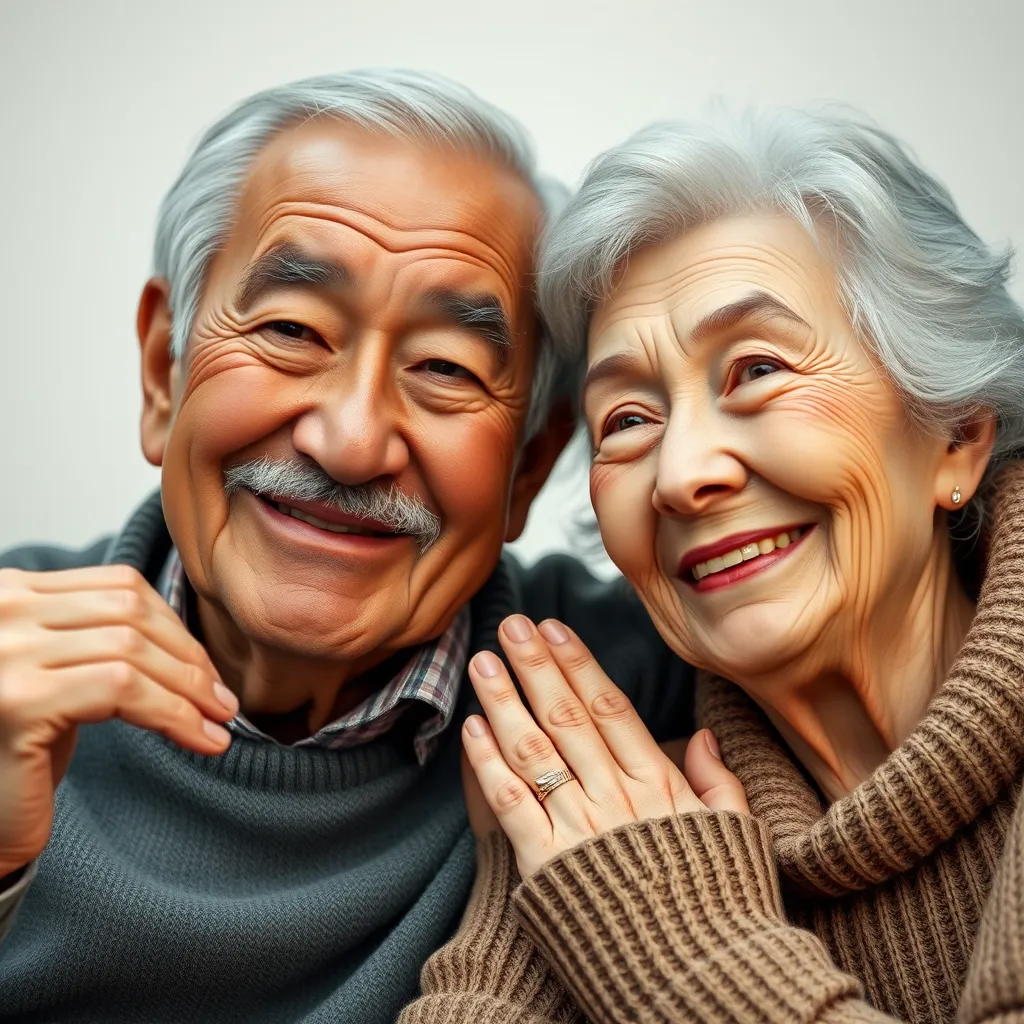 A close-up of a single photo of an elderly couple, brought to life with animated smiles, hand gestures, and a soft background glow. The couple's expressions should radiate warmth and love, with subtle animations showcasing their connection.