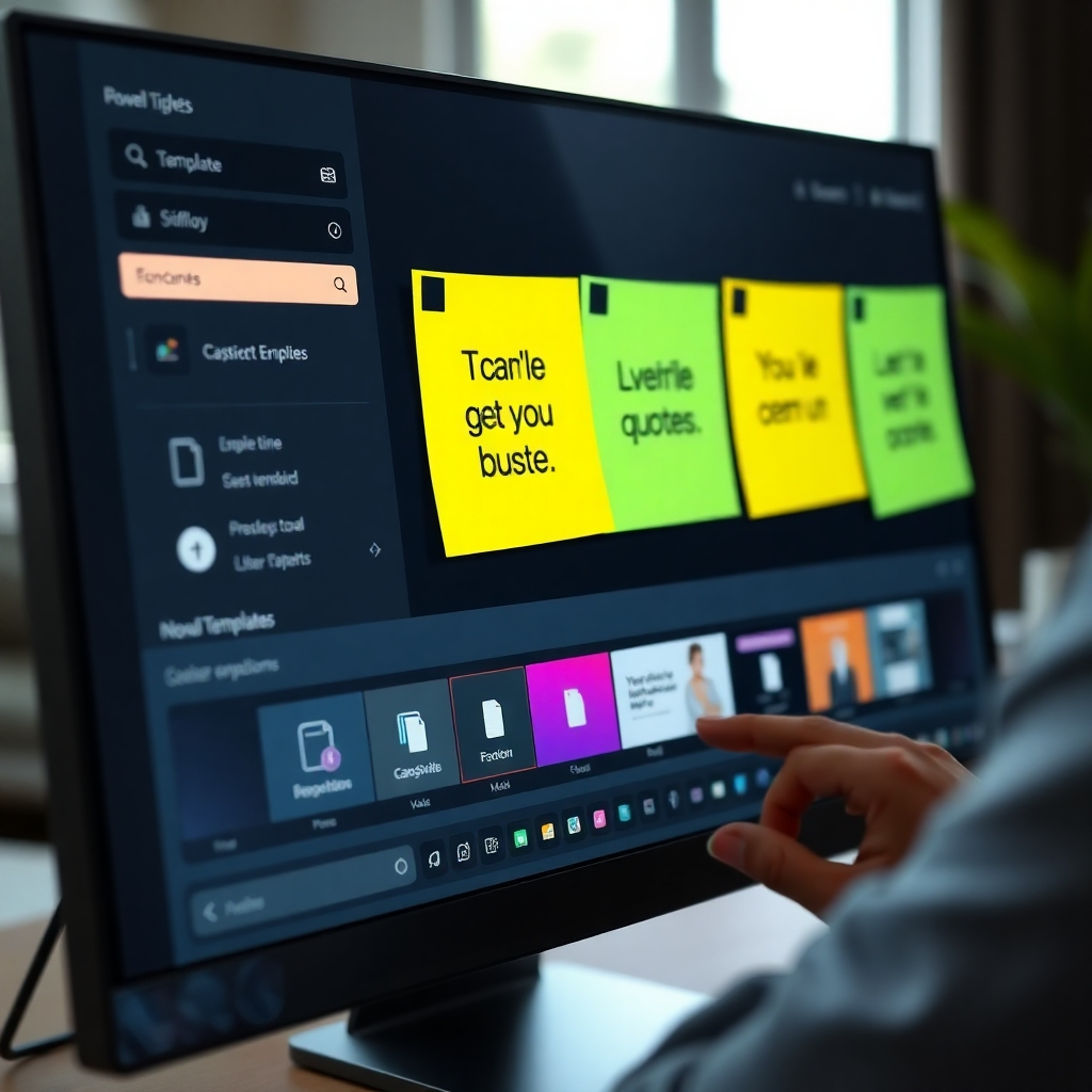 A close-up of a sleek and modern computer screen showcasing the CourseReelAI Max interface, with a user clicking through easy-to-navigate options like templates and editing tools. In the background, bright, motivational quotes are visible on sticky notes.