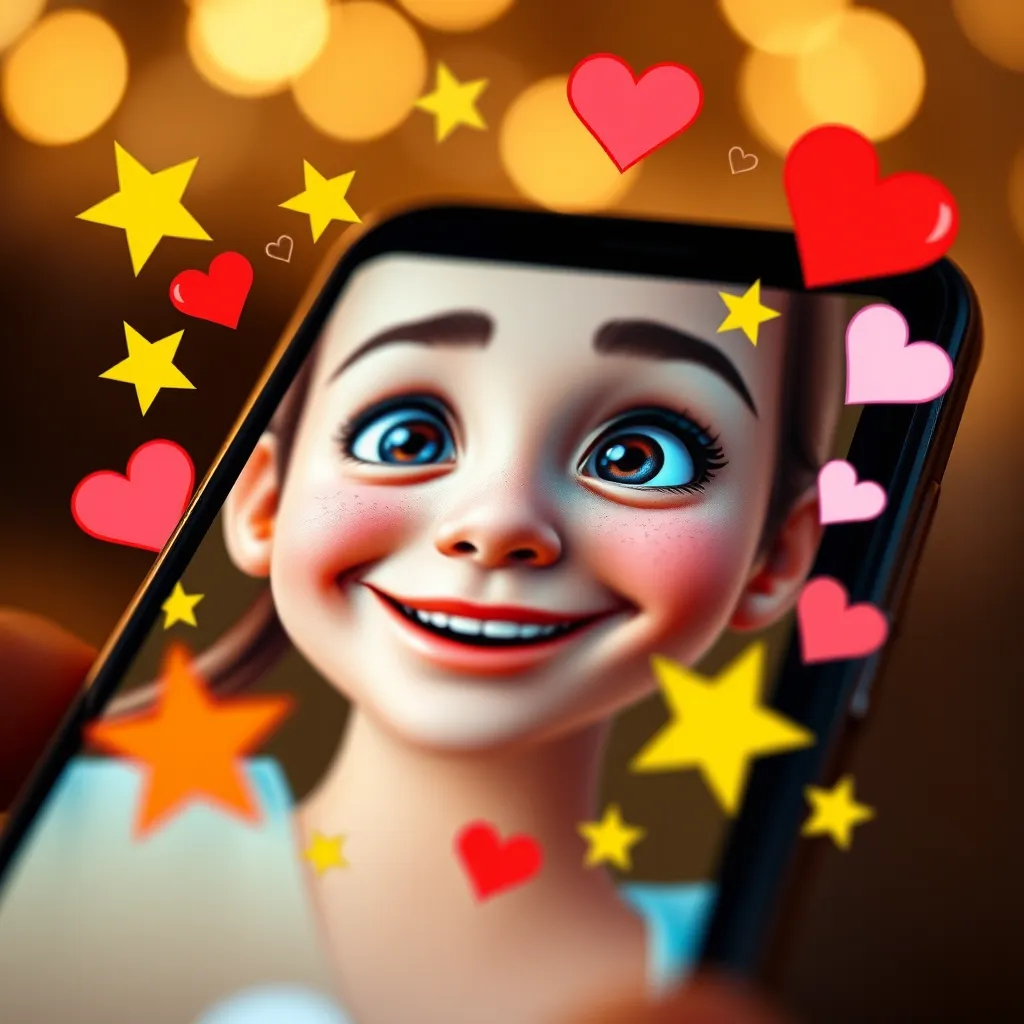 A close-up of a talking photo displayed on a smartphone, showcasing a smiling face with vibrant eyes and animated expressions. Surround the phone with animated stars and hearts symbolizing emotional connection and interaction.