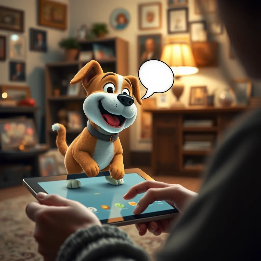 A close-up of a user interacting with a digital tablet, where an animated image of a beloved pet is playfully speaking and engaging with the user, in a warm home environment filled with personal memorabilia.