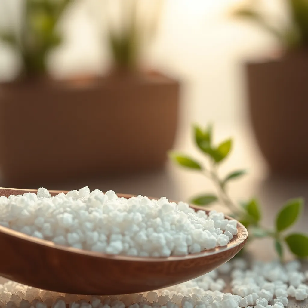 A close-up of Sukre, depicted as fine white granules on a wooden spoon, with plants in the background symbolizing its natural origins. The image should emphasize the purity and scientific innovation behind this unique ingredient.