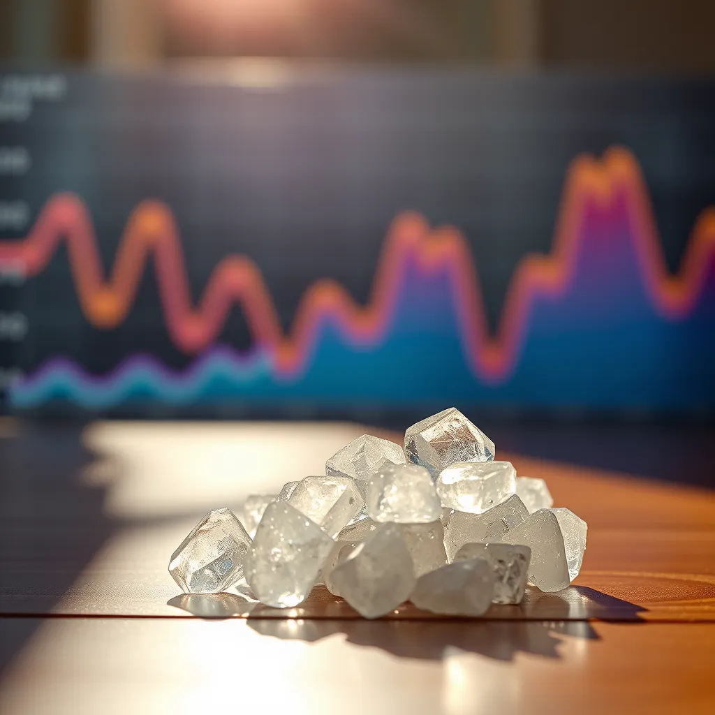 A close-up of Sukre crystals, glistening in natural light, placed on a wooden table. Behind, an abstract depiction of a fluctuating graph representing blood sugar levels, with calming colors symbolizing stabilization and balance, creating a sense of harmony.